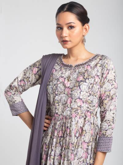 EMINENCE PURPLE FLORAL PRINT KURTA DUPATTA SET