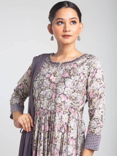 EMINENCE PURPLE FLORAL PRINT KURTA DUPATTA SET