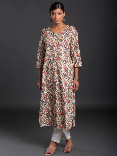 LIGHT BEIGE FLORAL PRINT KURTI