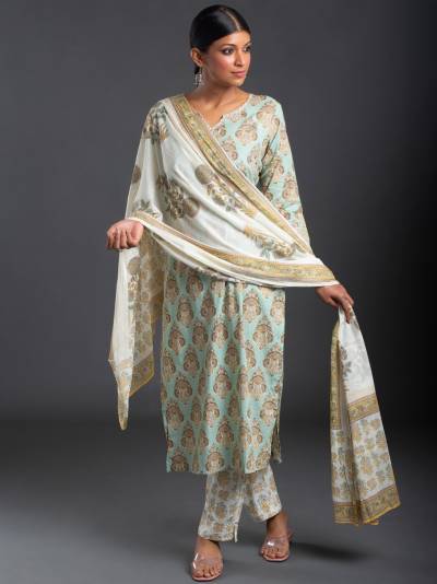 PASTEL MINT GREEN PRINTED KURTA DUPATTA SET