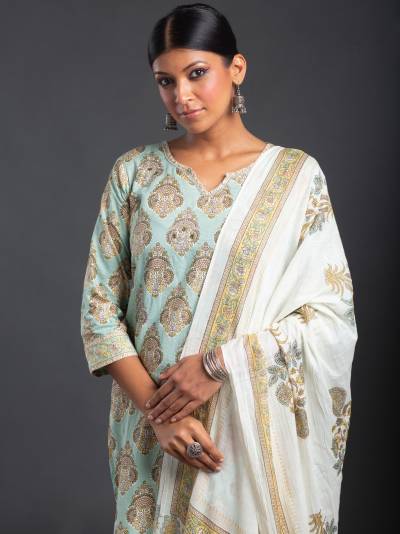 PASTEL MINT GREEN PRINTED KURTA DUPATTA SET