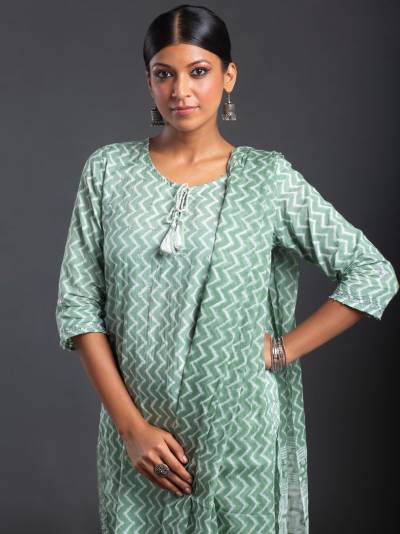 SEA GREEN STRIPES PRINT KURTA DUPATTA SET