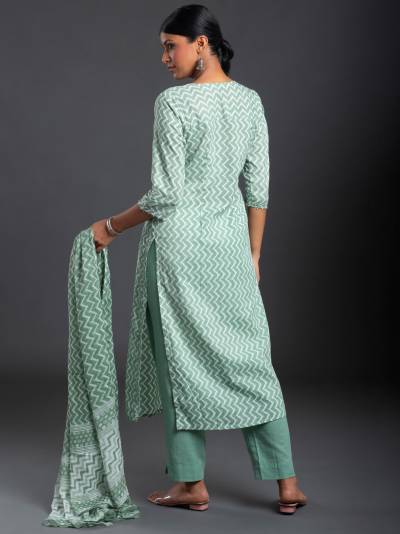 SEA GREEN STRIPES PRINT KURTA DUPATTA SET