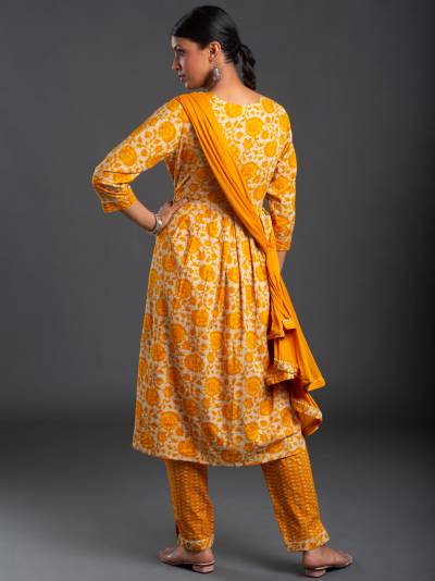 GOLD YELLOW FLORAL PRINT KURTA DUPATTA SET