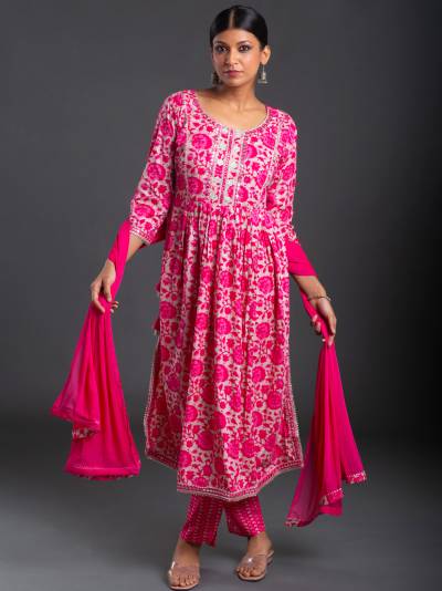 HOT PINK FLORAL PRINT KURTA DUPATTA SET