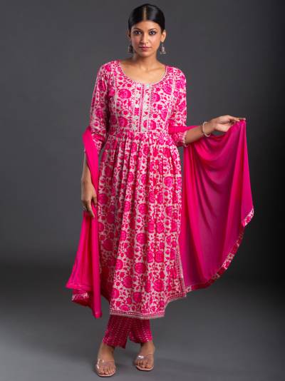 HOT PINK FLORAL PRINT KURTA DUPATTA SET