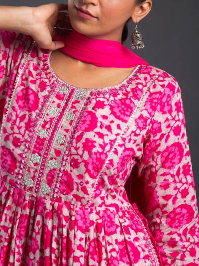 HOT PINK FLORAL PRINT KURTA DUPATTA SET