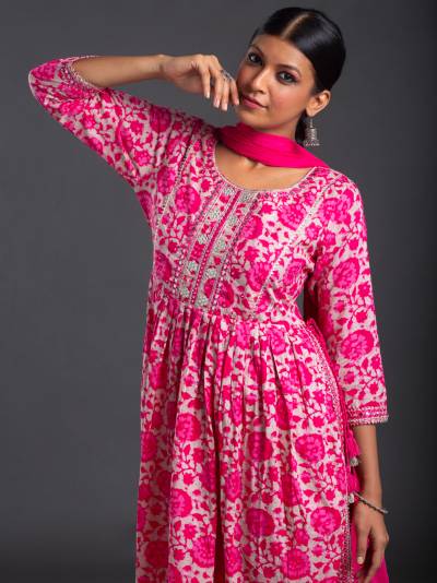 HOT PINK FLORAL PRINT KURTA DUPATTA SET