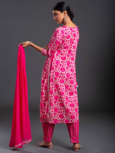 HOT PINK FLORAL PRINT KURTA DUPATTA SET