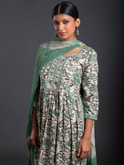 PERSIAN GREEN FLORAL PRINT KURTA DUPATTA SET