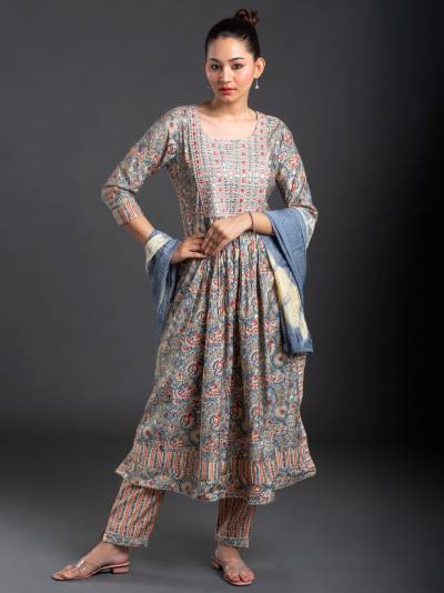 FOSSIL GREY FLORAL PRINT KURTA PANT DUPATTA SET