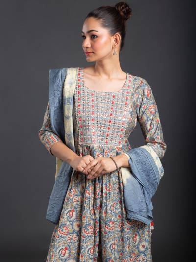 FOSSIL GREY FLORAL PRINT KURTA PANT DUPATTA SET