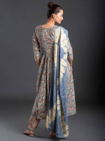 FOSSIL GREY FLORAL PRINT KURTA PANT DUPATTA SET