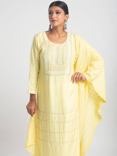 BANANA YELLOW EMBROIDERY KURTA DUPATTA SET