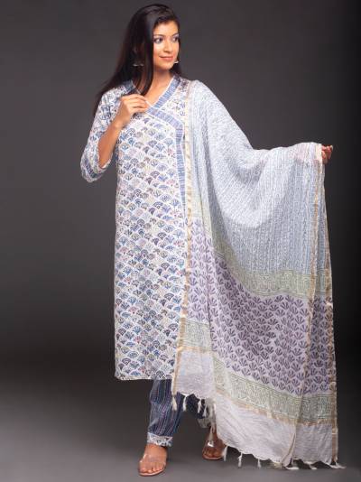 EGYPTIAN BLUE & WHITE FLORAL PRINT KURTA DUPATTA SET