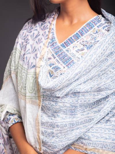 EGYPTIAN BLUE & WHITE FLORAL PRINT KURTA DUPATTA SET