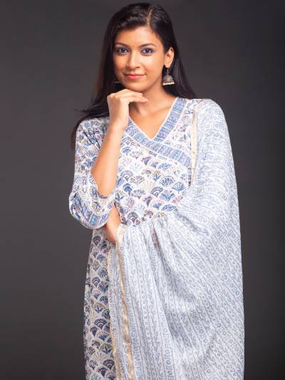 EGYPTIAN BLUE & WHITE FLORAL PRINT KURTA DUPATTA SET