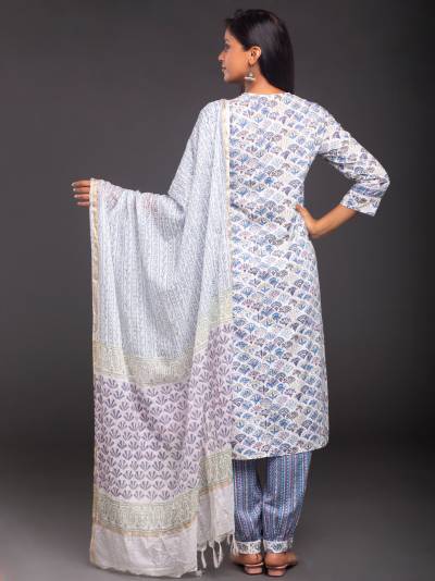 EGYPTIAN BLUE & WHITE FLORAL PRINT KURTA DUPATTA SET