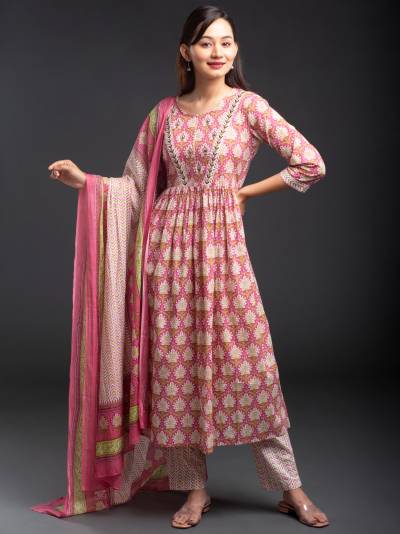 DARK PINK FLORAL PRINT KURTA DUPATTA SET