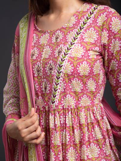 DARK PINK FLORAL PRINT KURTA DUPATTA SET