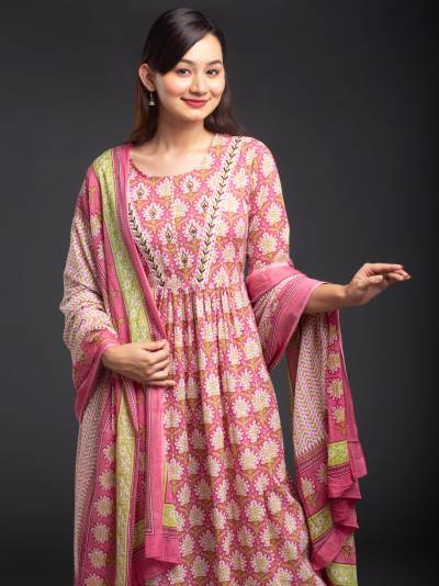 DARK PINK FLORAL PRINT KURTA DUPATTA SET