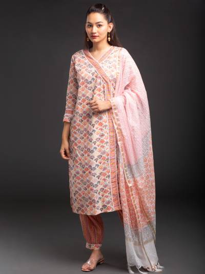 PEACH FLORAL PRINT KURTA DUPATTA SET