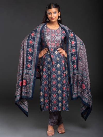 DENIM INDIGO PRINTED KURTA DUPATTA SET