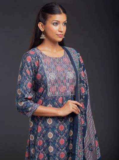 DENIM INDIGO PRINTED KURTA DUPATTA SET