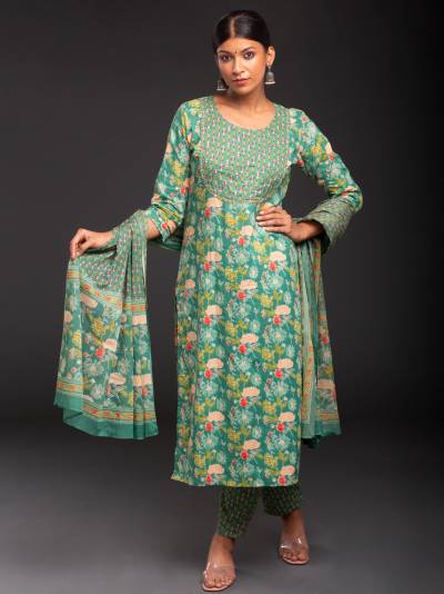 DARK GREEN PRINTED KURTA DUPATTA SET