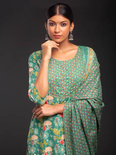 DARK GREEN PRINTED KURTA DUPATTA SET