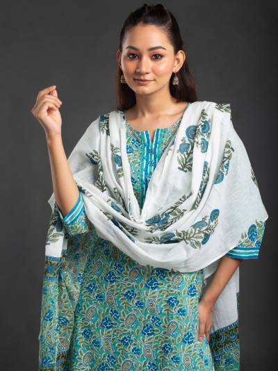 TORQUISE GREEN FLORAL PRINT KURTA DUPATTA SET