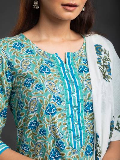 TORQUISE GREEN FLORAL PRINT KURTA DUPATTA SET