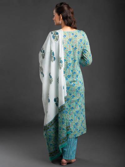 TORQUISE GREEN FLORAL PRINT KURTA DUPATTA SET