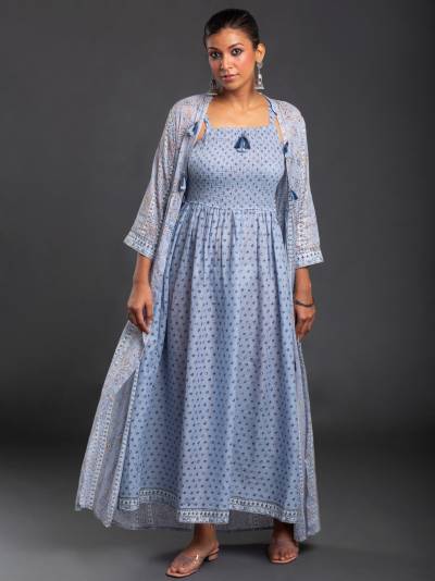 AIR FORCE BLUE PRINTED DRESS & SHRUG SET