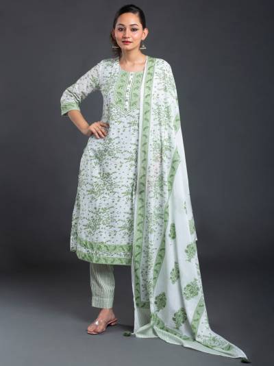 LIGHT GREEN PLANT PRINT KURETA DUPATTA SET