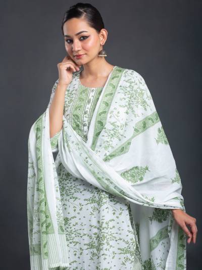 LIGHT GREEN PLANT PRINT KURETA DUPATTA SET