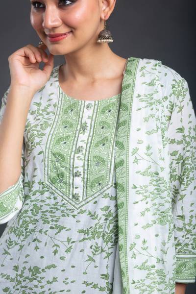 LIGHT GREEN PLANT PRINT KURETA DUPATTA SET