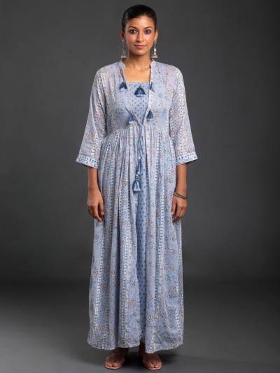 AIR FORCE BLUE PRINTED DRESS & SHRUG SET