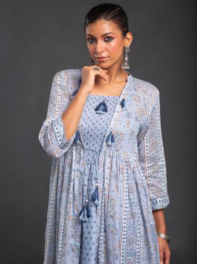 AIR FORCE BLUE PRINTED DRESS & SHRUG SET