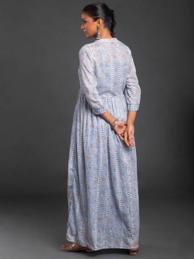 AIR FORCE BLUE PRINTED DRESS & SHRUG SET