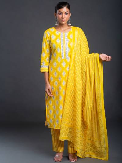 AUREOLIN YELLOW PRINTED KURTA DUPATTA SET