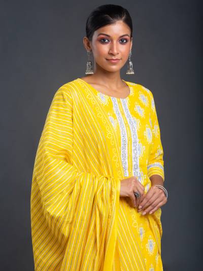 AUREOLIN YELLOW PRINTED KURTA DUPATTA SET