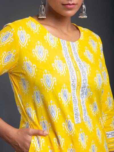 AUREOLIN YELLOW PRINTED KURTA DUPATTA SET