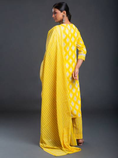 AUREOLIN YELLOW PRINTED KURTA DUPATTA SET