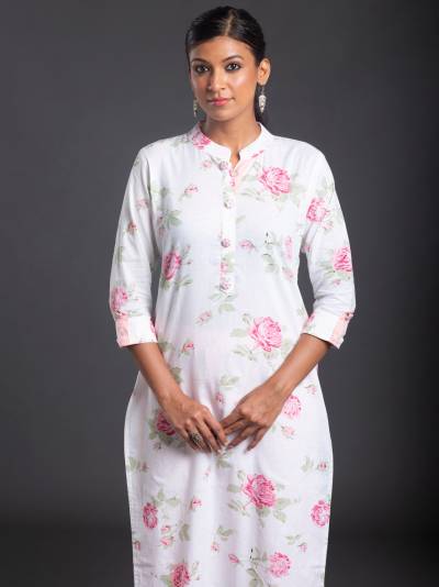 WHITE AND PINK FLORAL KURTI SET WITH PANT