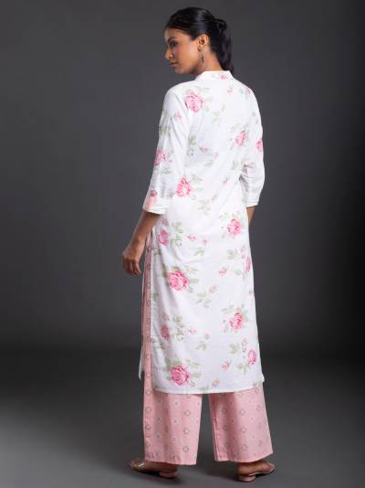 WHITE AND PINK FLORAL KURTI SET WITH PANT