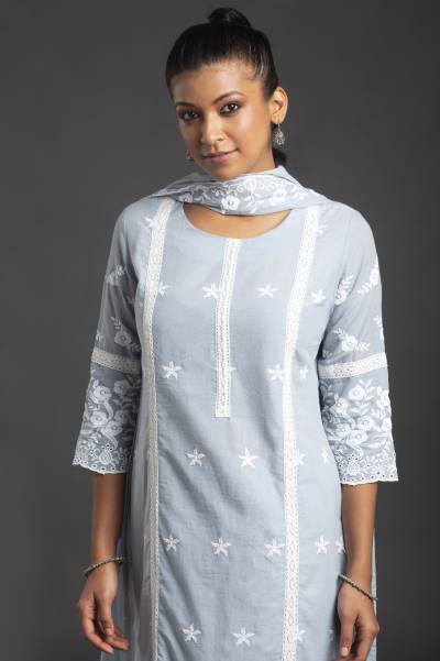 POWDER BLUE COTTON KURTA SET WITH DUPATTA